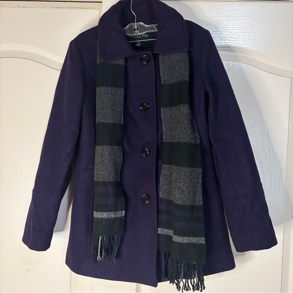 London Fog Women’s Dark Purple Pea Coat With Scarf